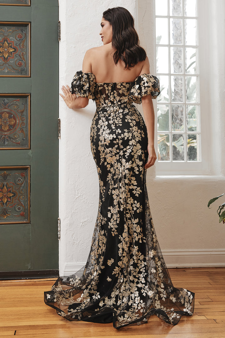 CINDERELLA DIVINE J844 Fitted Floral Glitter Puff Sleeve Gown