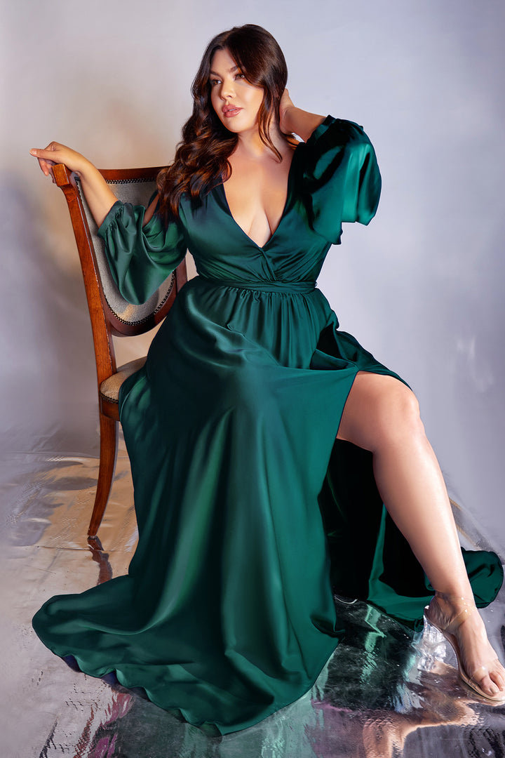 CINDERELLA DIVINE 7475C Plus Size Long Sleeve V Neck Satin Dress with High Slit