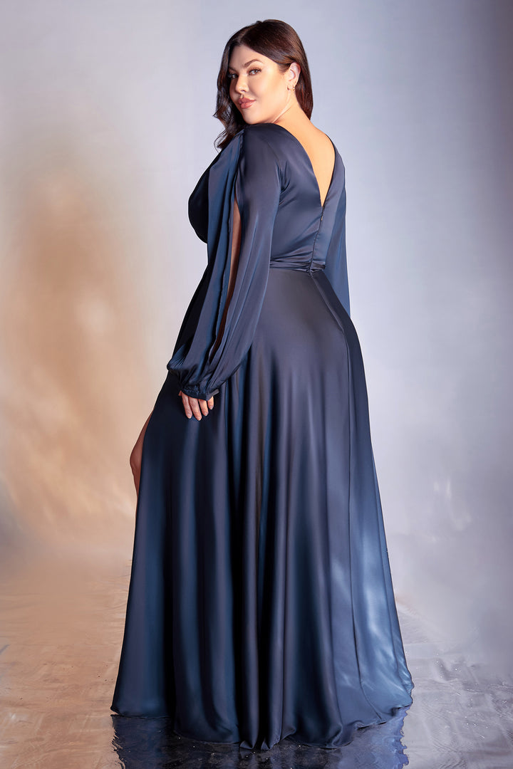 CINDERELLA DIVINE 7475C Plus Size Long Sleeve V Neck Satin Dress with High Slit