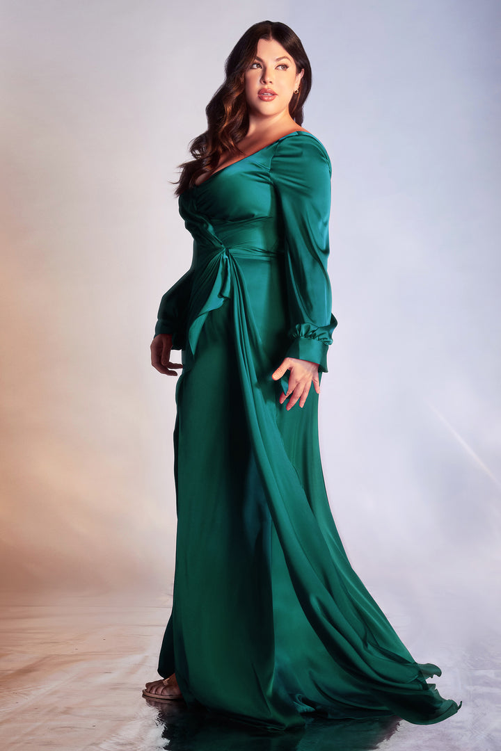 CINDERELLA DIVINE 7478C Plus Size Long Sleeve High Slit Draped Satin Evening Dress