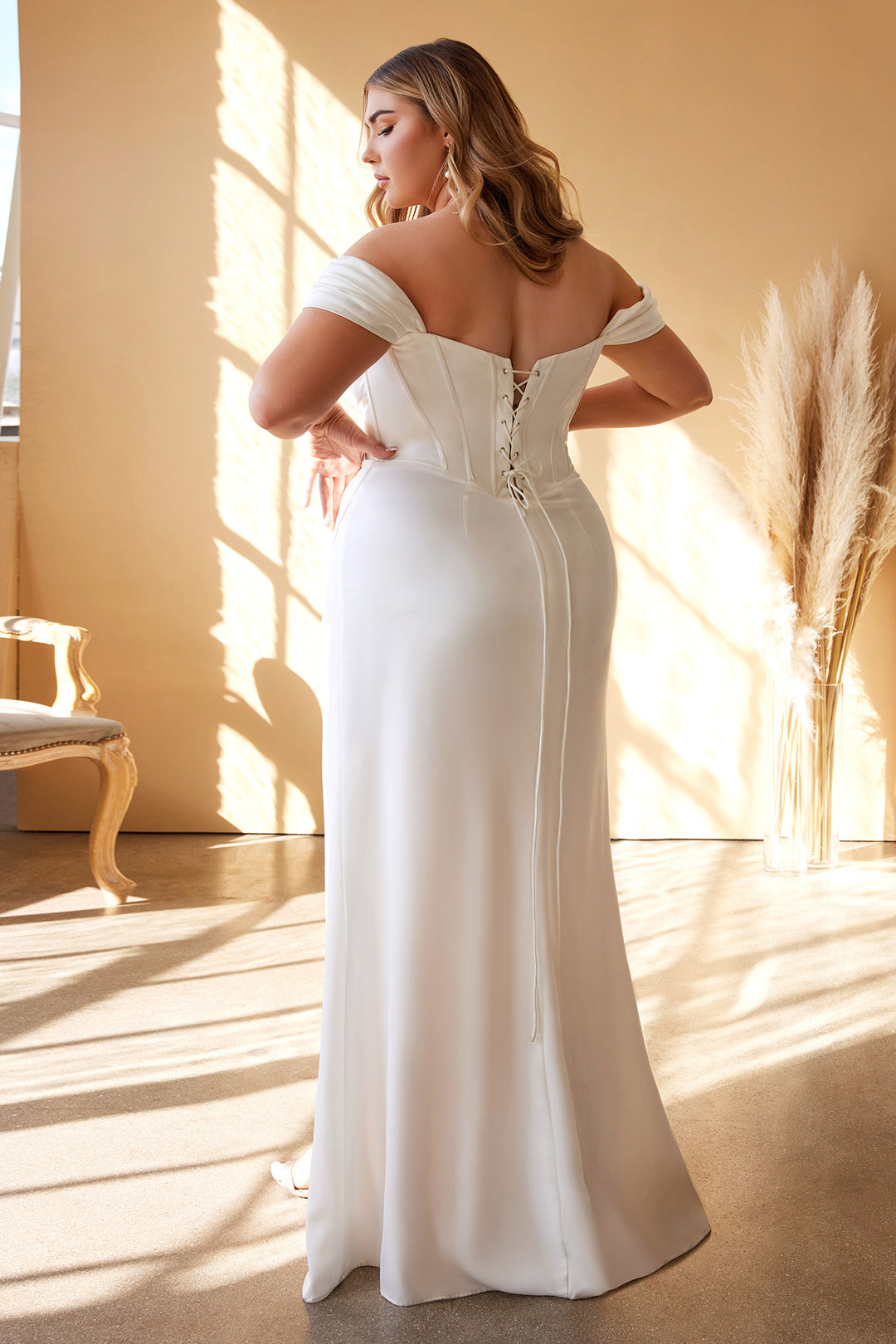 CINDERELLA DIVINE 7484WC Plus Size Draped Corset Bodice Satin Bridal Dress with High Slit