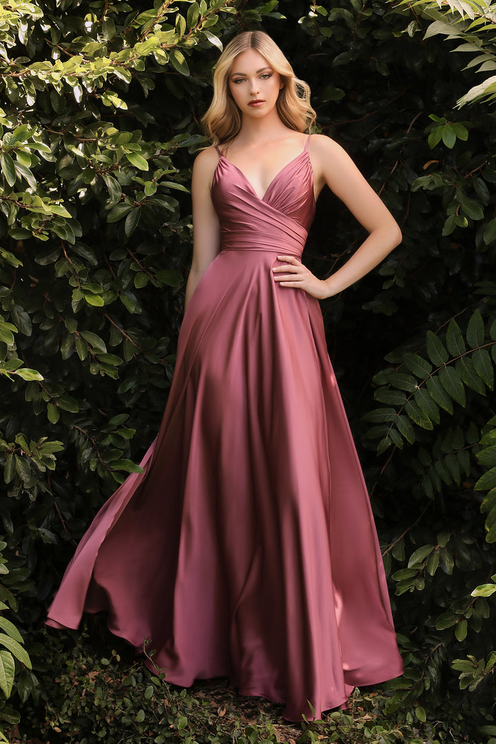 CINDERELLA DIVINE 7485 Long V Neck Satin A-Line Dress