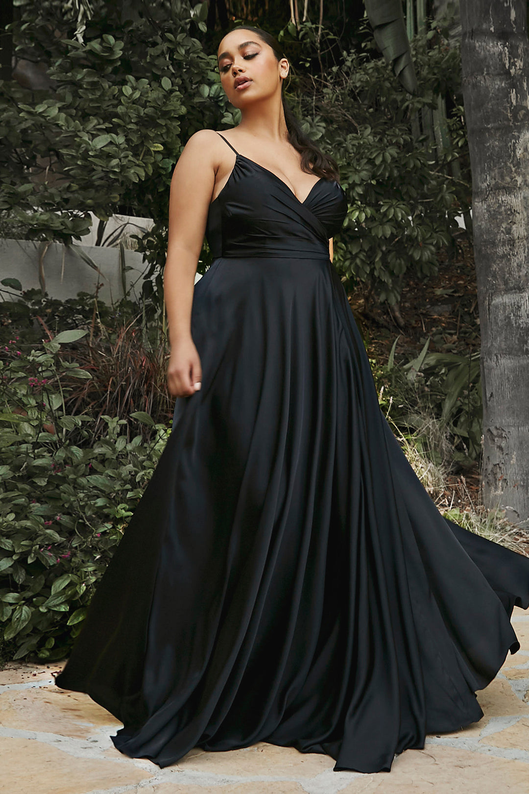 CINDERELLA DIVINE 7485 Long V Neck Satin A-Line Dress