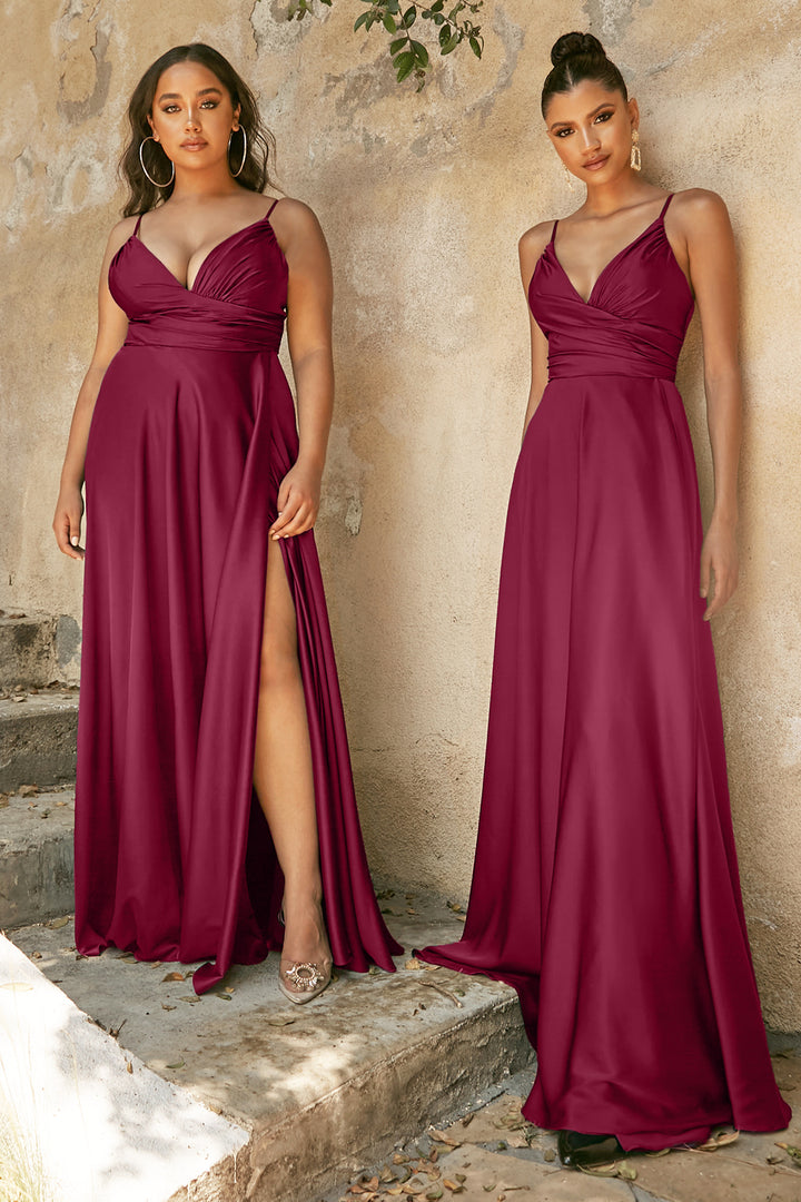 CINDERELLA DIVINE 7485 Long V Neck Satin A-Line Dress