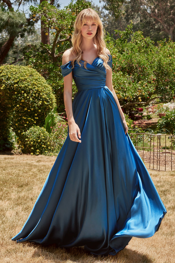 CINDERELLA DIVINE 7493 Off-Shoulder Satin Evening Dress