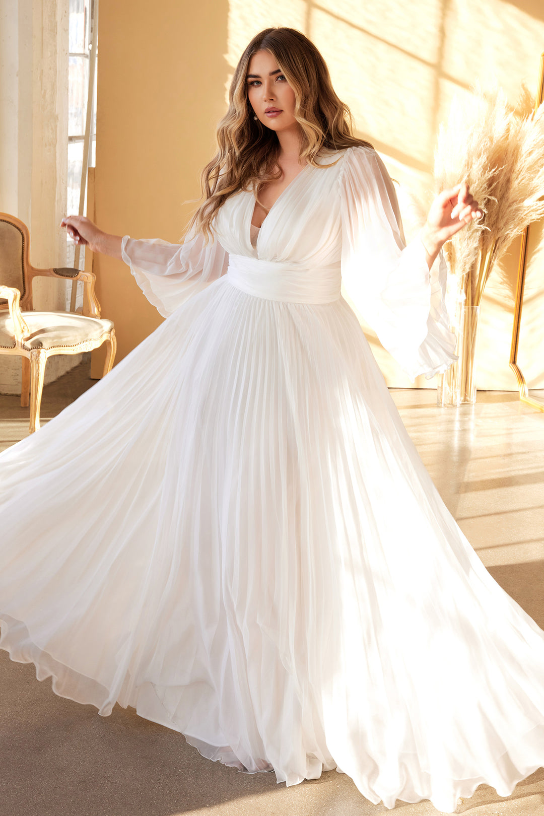 CINDERELLA DIVINE CD242WC Plus Size Pleated Long Sleeve Chiffon Bridal Gown