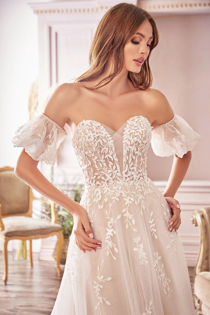 CINDERELLA DIVINE A1014 Off-Shoulder Detachable Puff Sleeves Bridal Gown