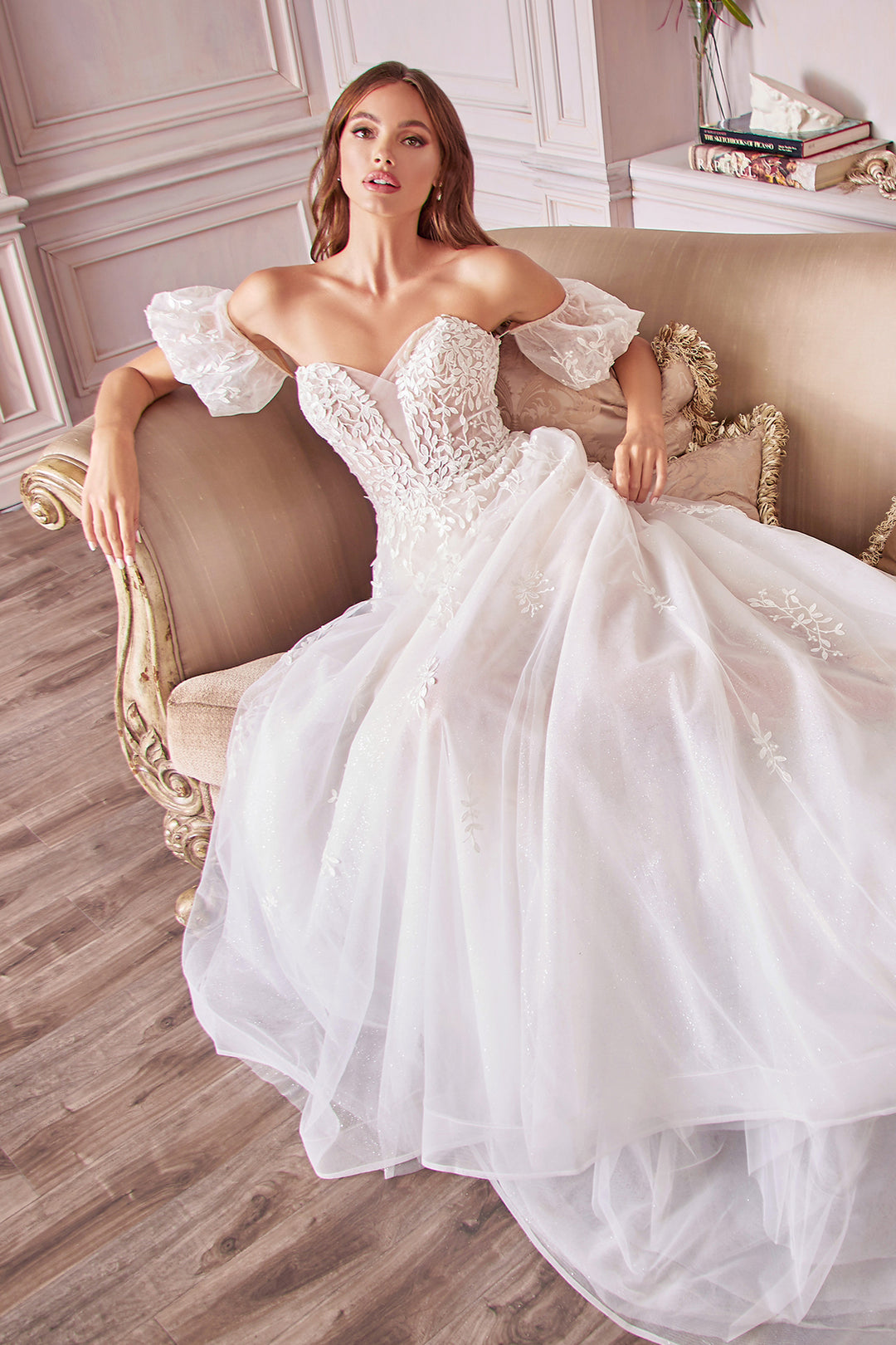CINDERELLA DIVINE A1014 Off-Shoulder Detachable Puff Sleeves Bridal Gown