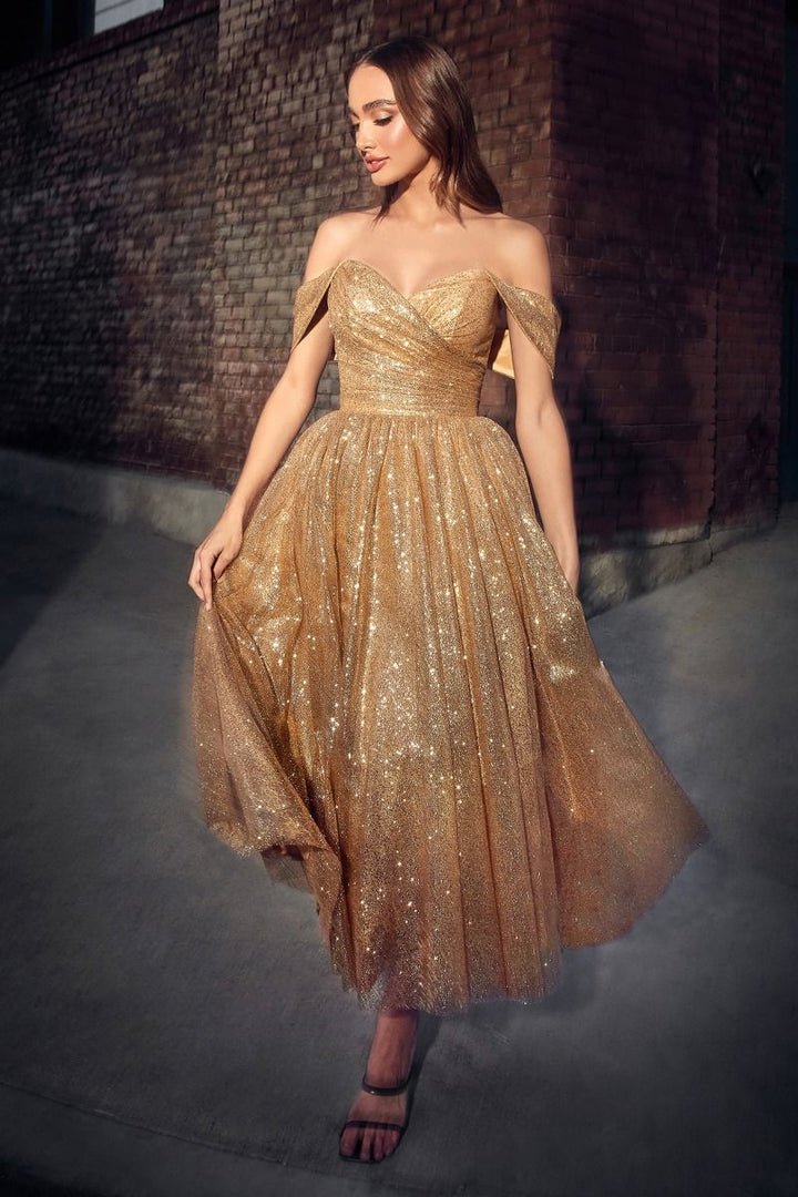 CINDERELLA DIVINE CD870 Off-Shoulder Glitter Tea Length Dress