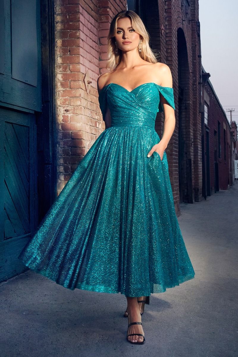 CINDERELLA DIVINE CD870 Off-Shoulder Glitter Tea Length Dress