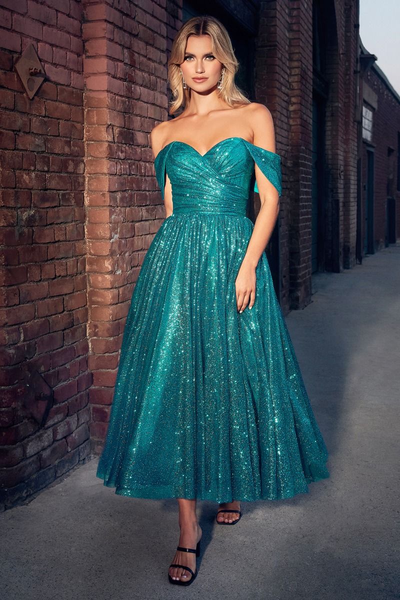 CINDERELLA DIVINE CD870 Off-Shoulder Glitter Tea Length Dress