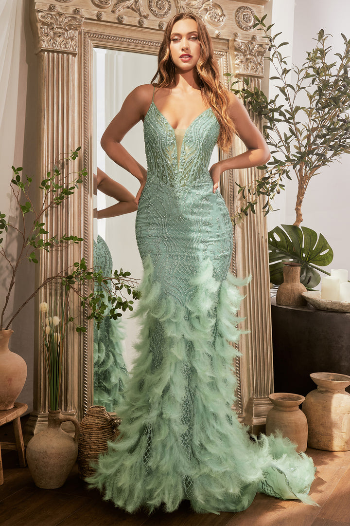CINDERELLA DIVINE CC1608 Fitted Feathered Mermaid Gown
