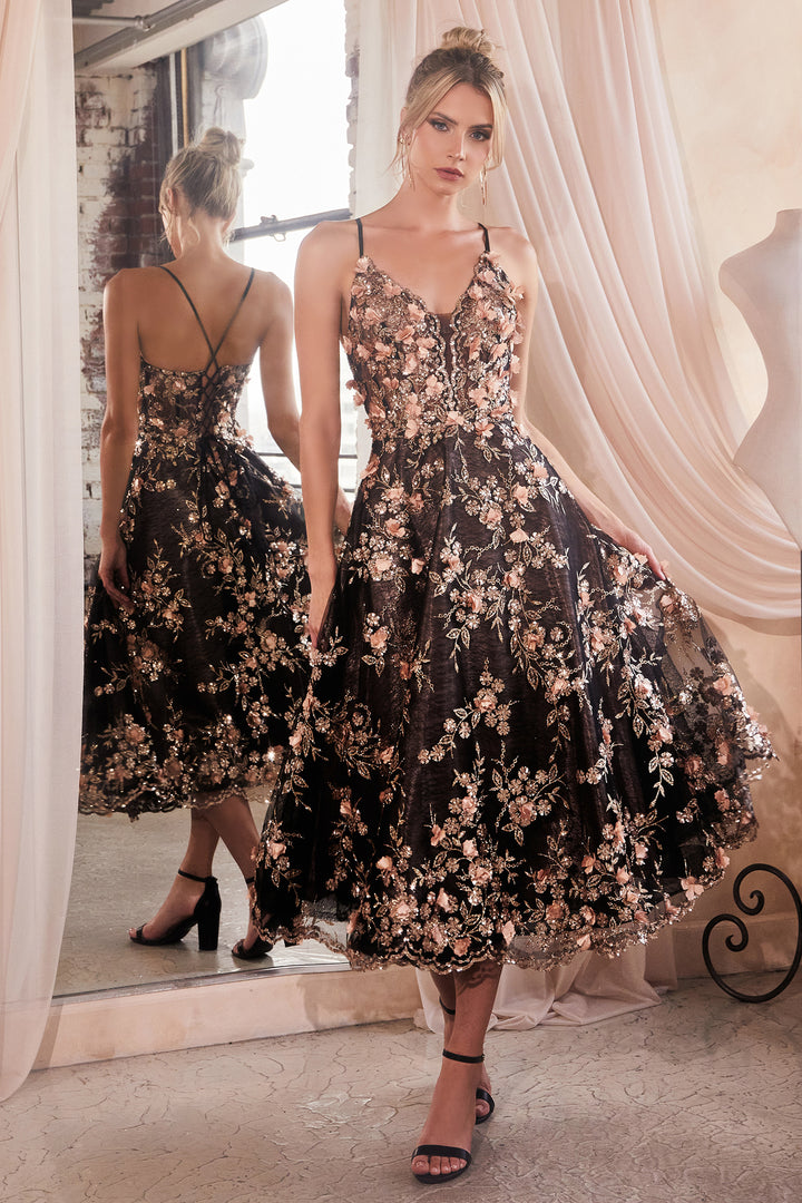 CINDERELLA DIVINE CC2261 A-Line Tea Length Floral applique dress