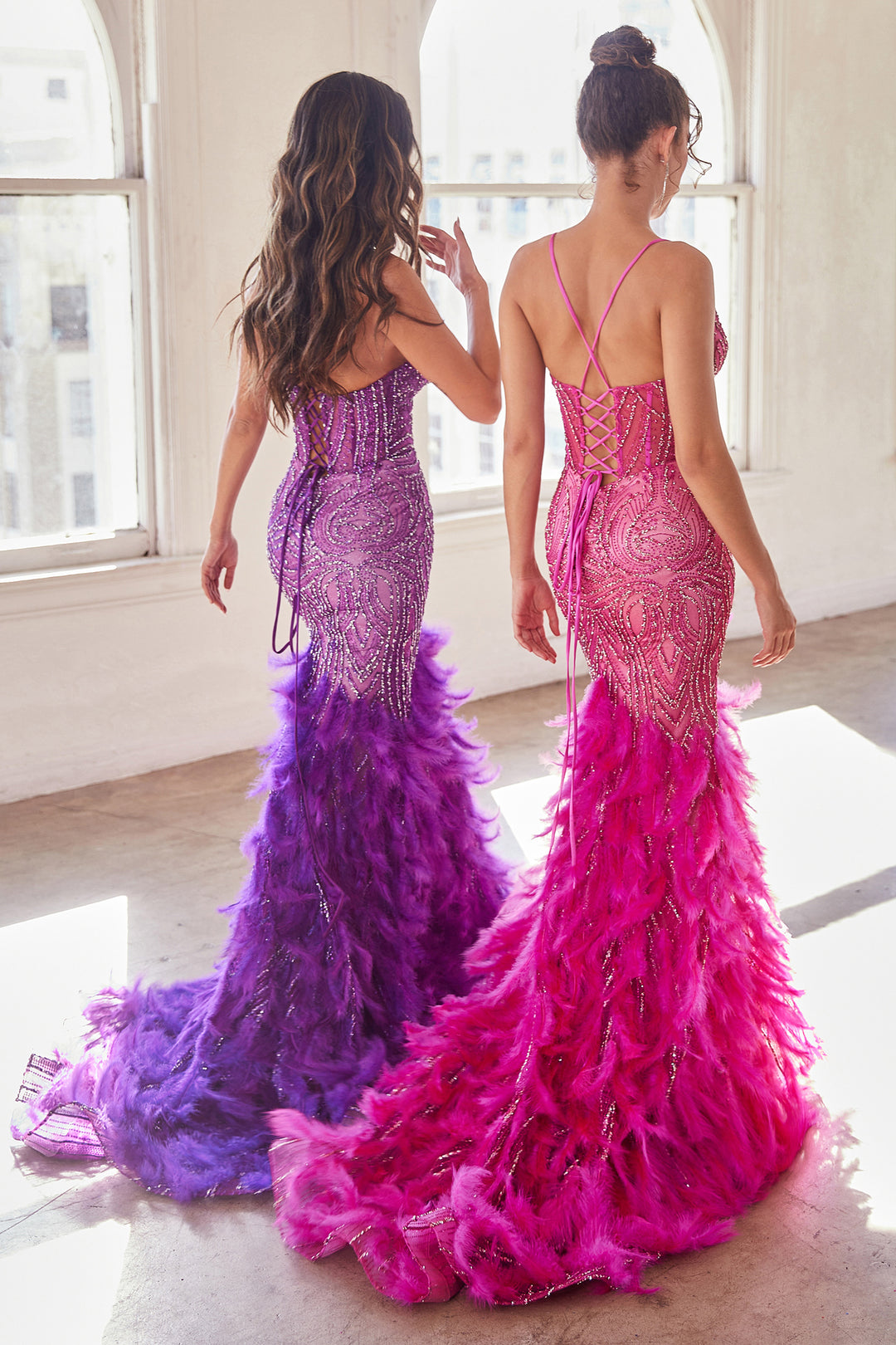 CINDERELLA DIVINE CC2308  V-Neck Feather Mermaid Gown with Thin Strap