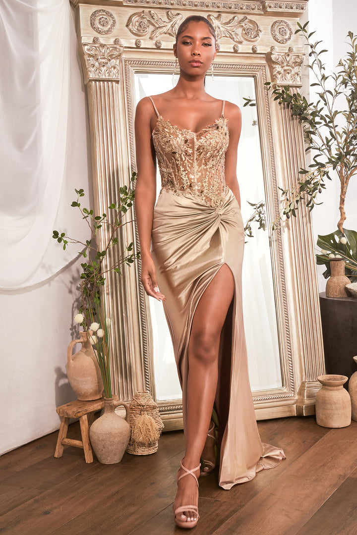 CINDERELLA DIVINE CD0176 Fitted Satin Gown with Slit