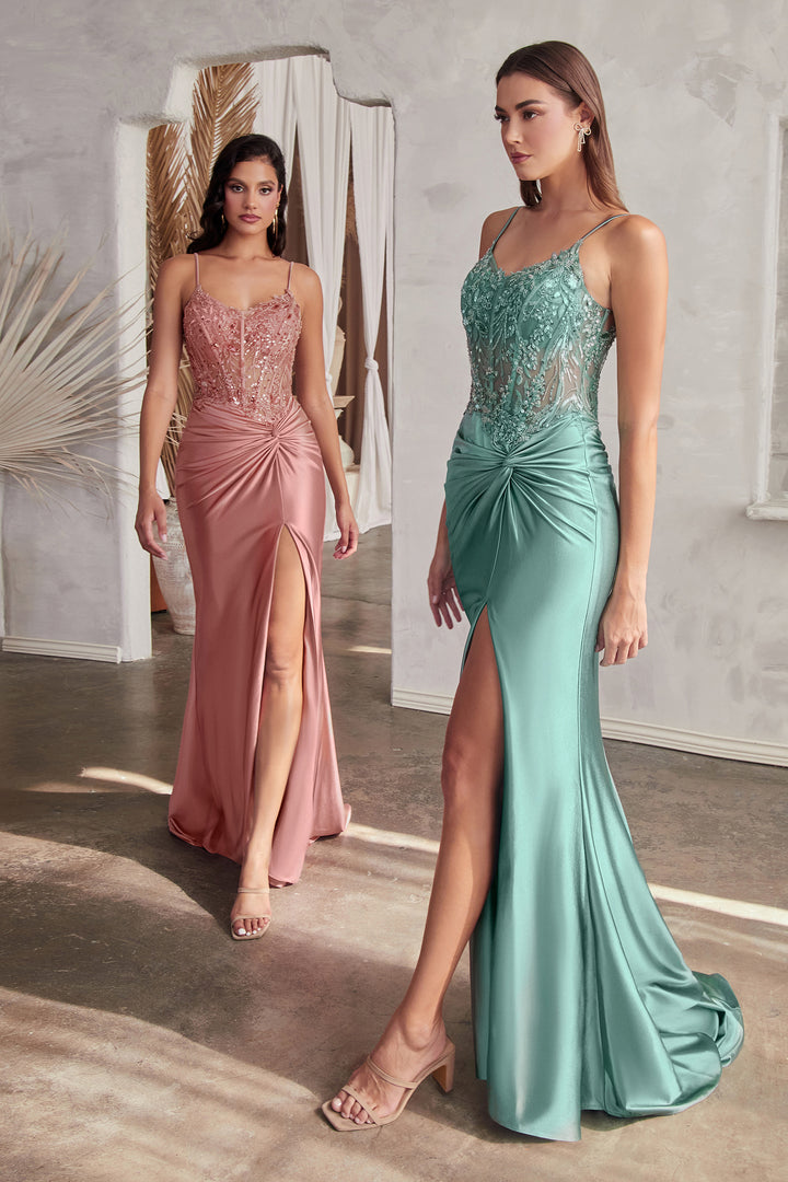 CINDERELLA DIVINE CD0176 Fitted Satin Gown with Slit