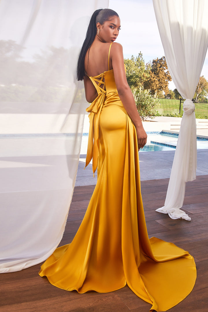 CINDERELLA DIVINE CD340 Fitted Pleated Satin Gown with Slit