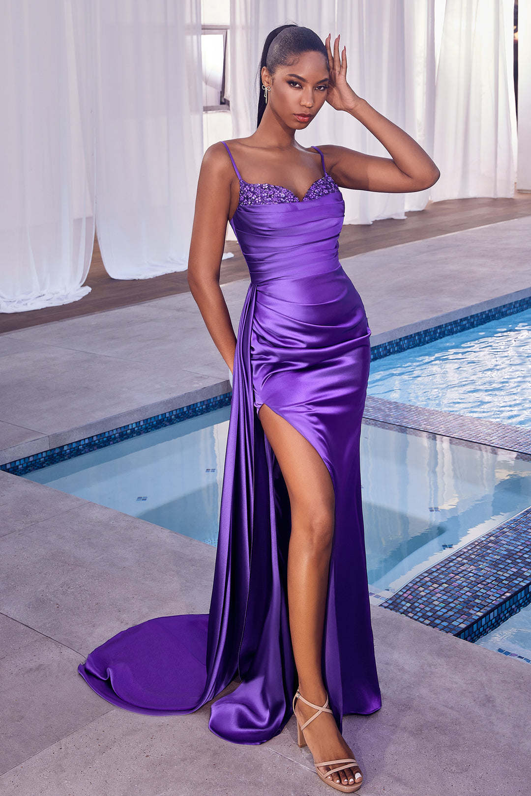 CINDERELLA DIVINE CD340 Fitted Pleated Satin Gown with Slit