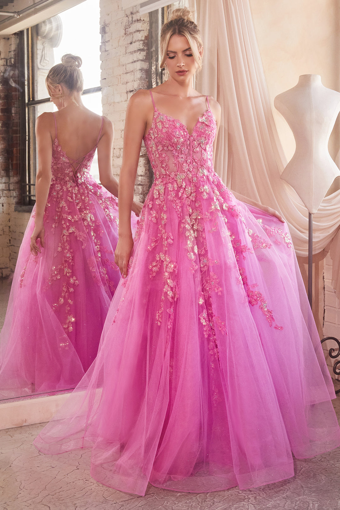 CINDERELLA DIVINE CM347  A-Line Floral Appliqued Tulle Gown with Corset