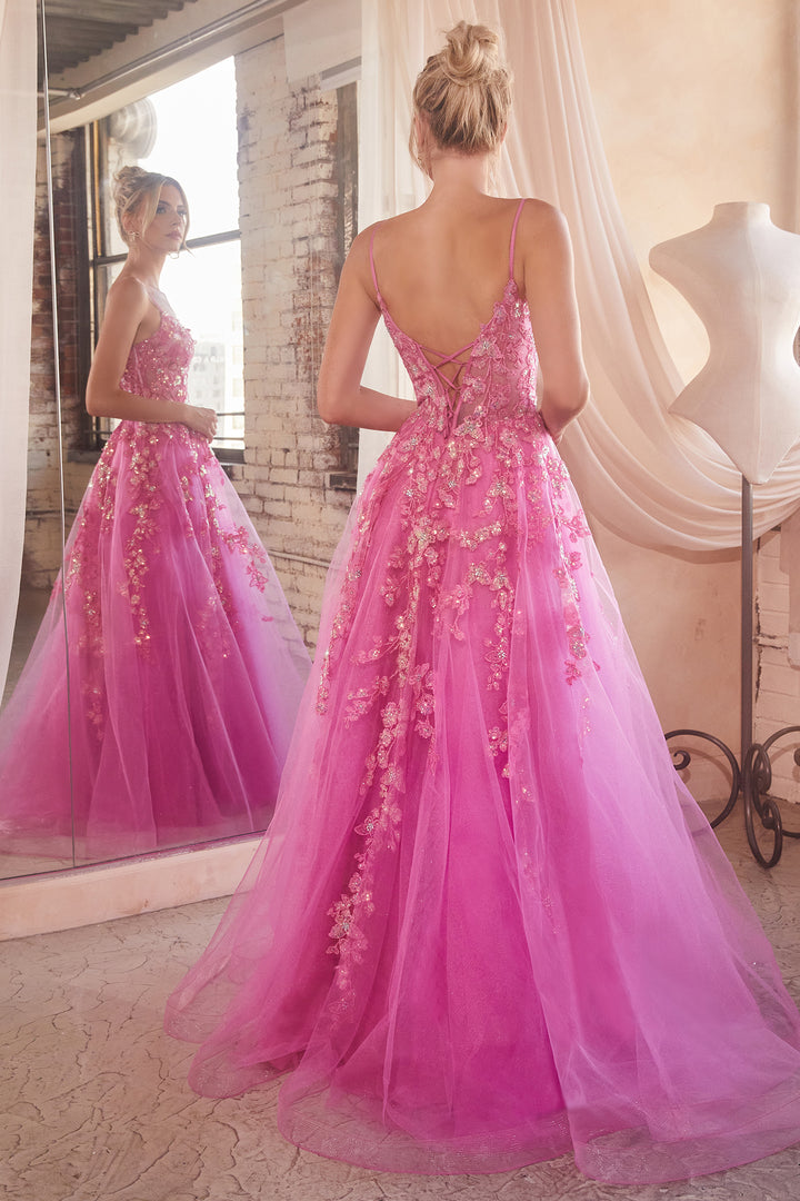 CINDERELLA DIVINE CM347  A-Line Floral Appliqued Tulle Gown with Corset