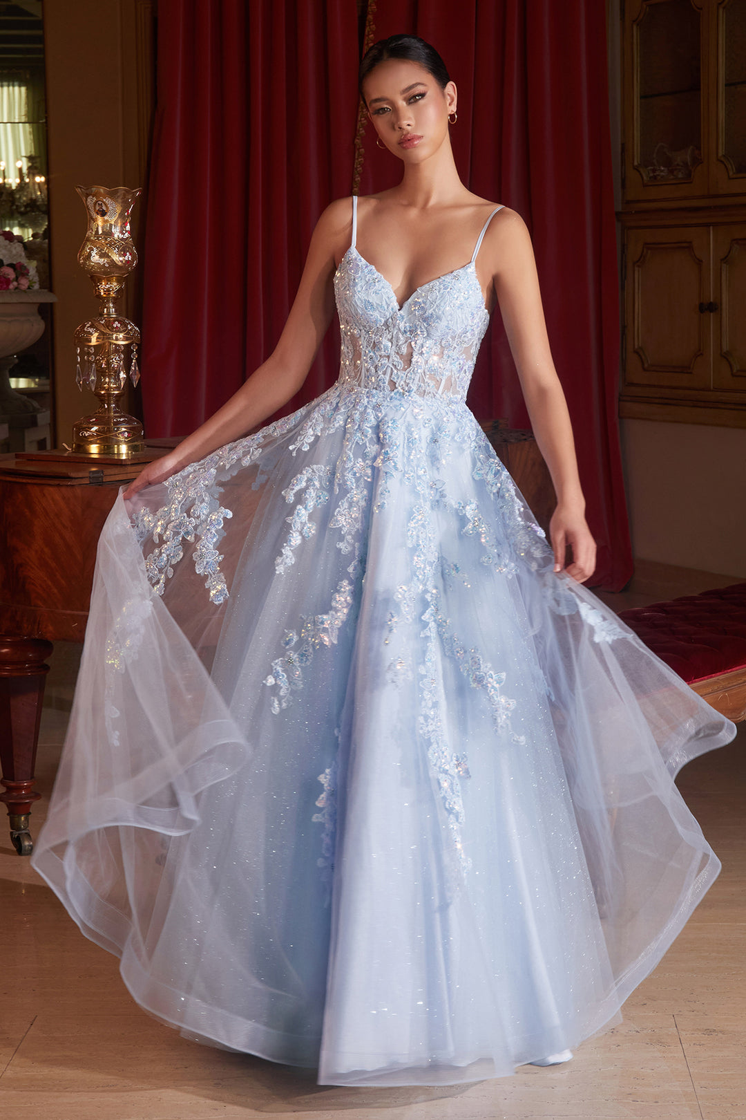 CINDERELLA DIVINE CM347  A-Line Floral Appliqued Tulle Gown with Corset