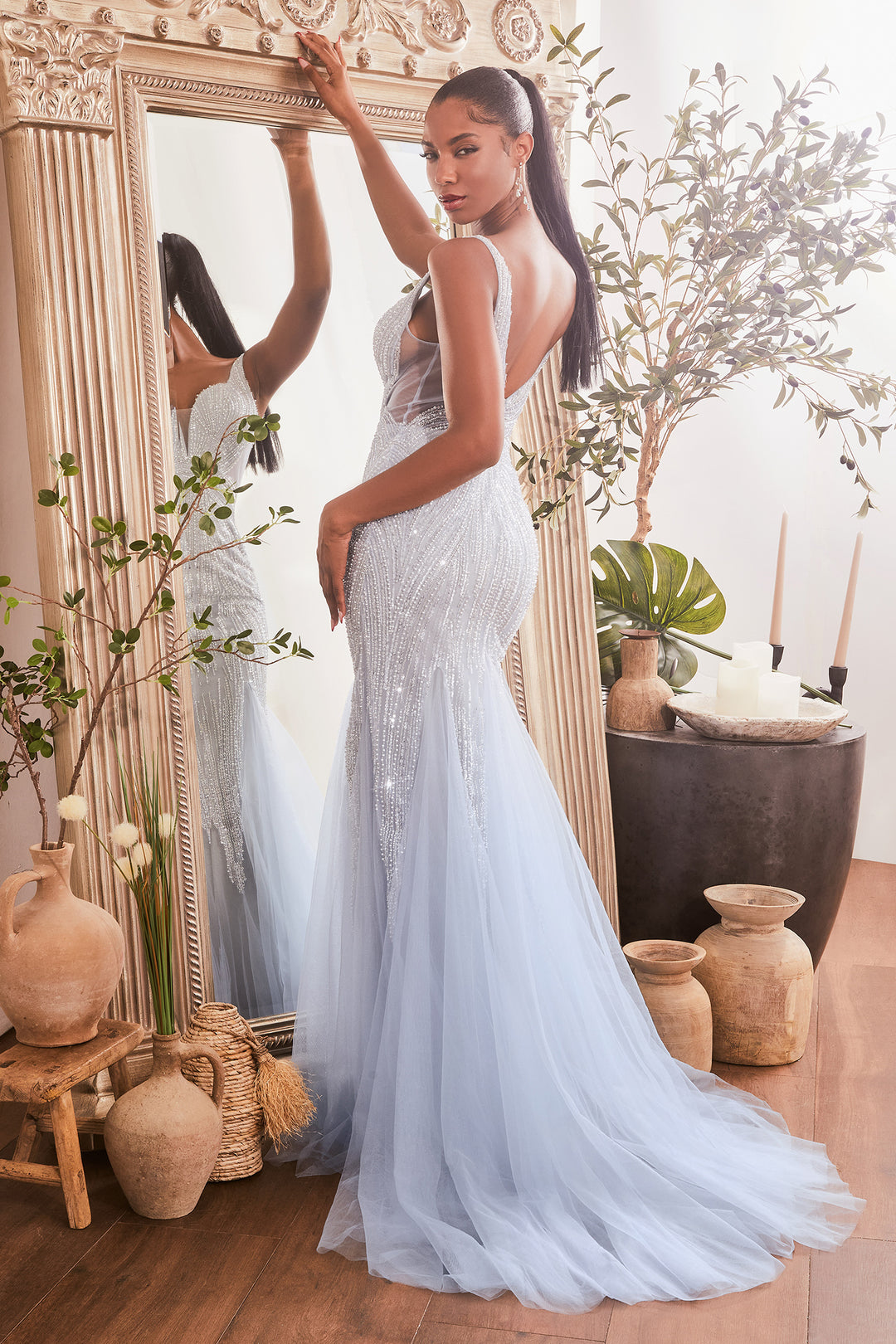 CINDERELLA DIVINE CR874 Beaded Layered Tulle Mermaid Gown