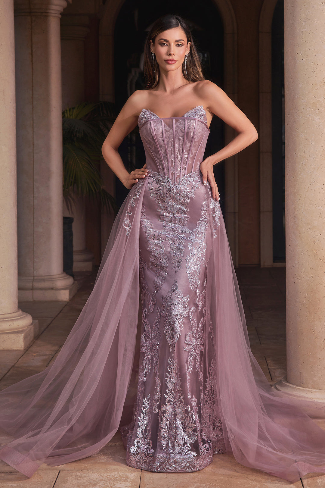 CINDERELLA DIVINE J858 Fitted Strapless Glitter Gown with Overskirt