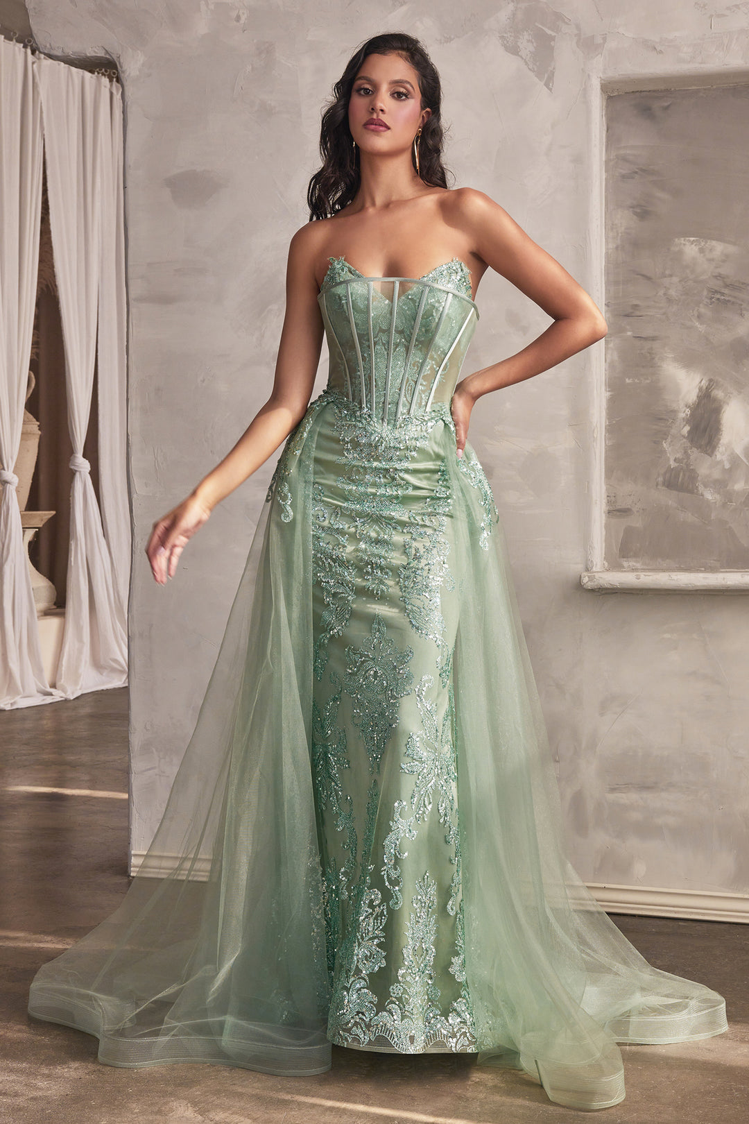 CINDERELLA DIVINE J858 Fitted Strapless Glitter Gown with Overskirt