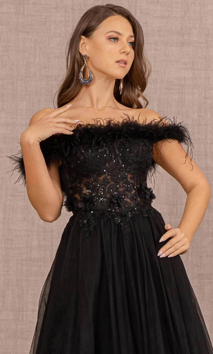 GLS BY GLORIA GL3138 Feathered Off-Shoulder Evening Dress