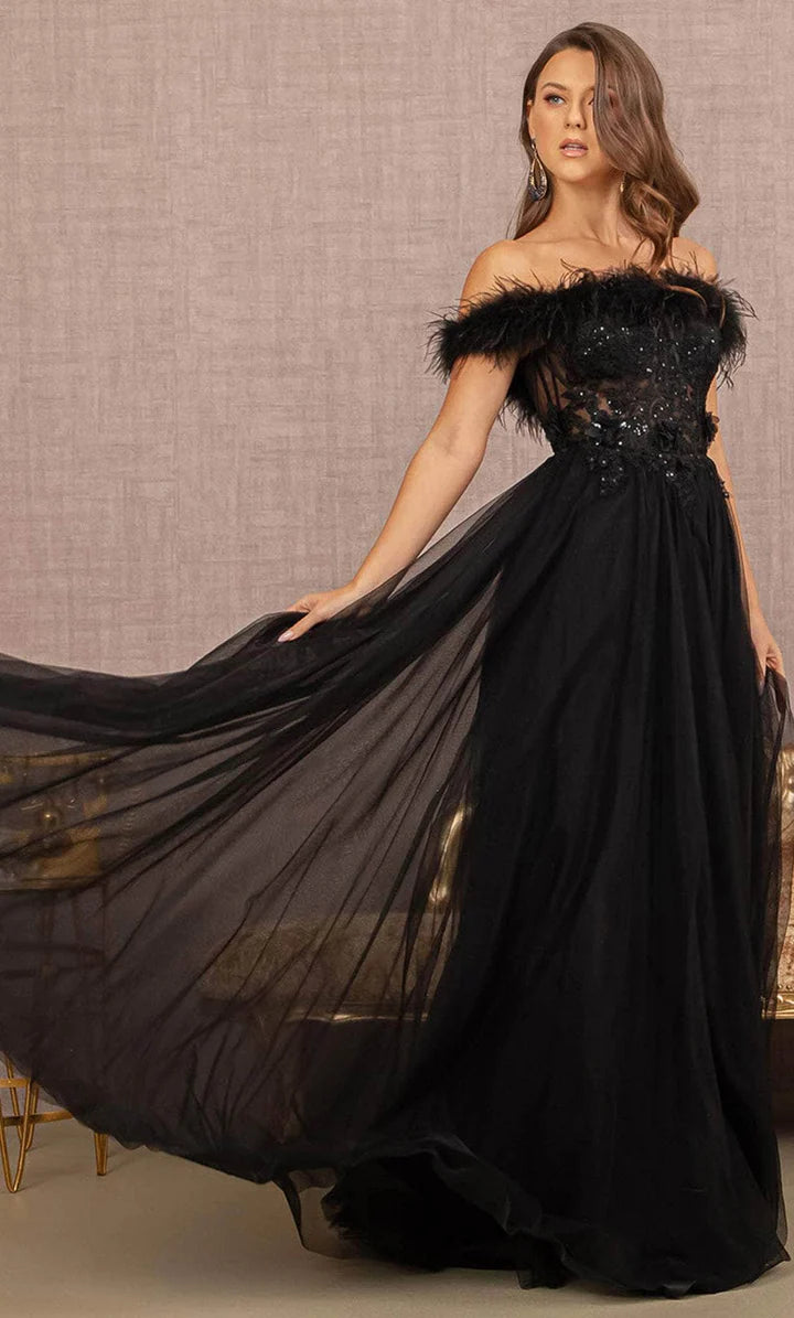 GLS BY GLORIA GL3138 Feathered Off-Shoulder Evening Dress