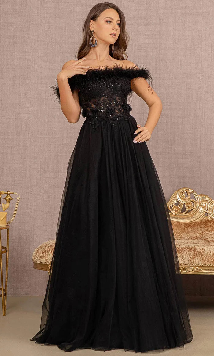 GLS BY GLORIA GL3138 Feathered Off-Shoulder Evening Dress