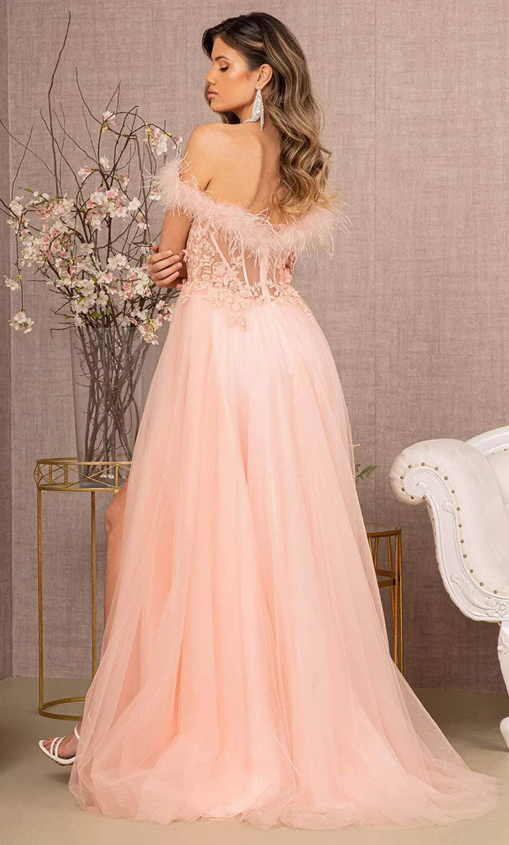 GLS BY GLORIA GL3138 Feathered Off-Shoulder Evening Dress