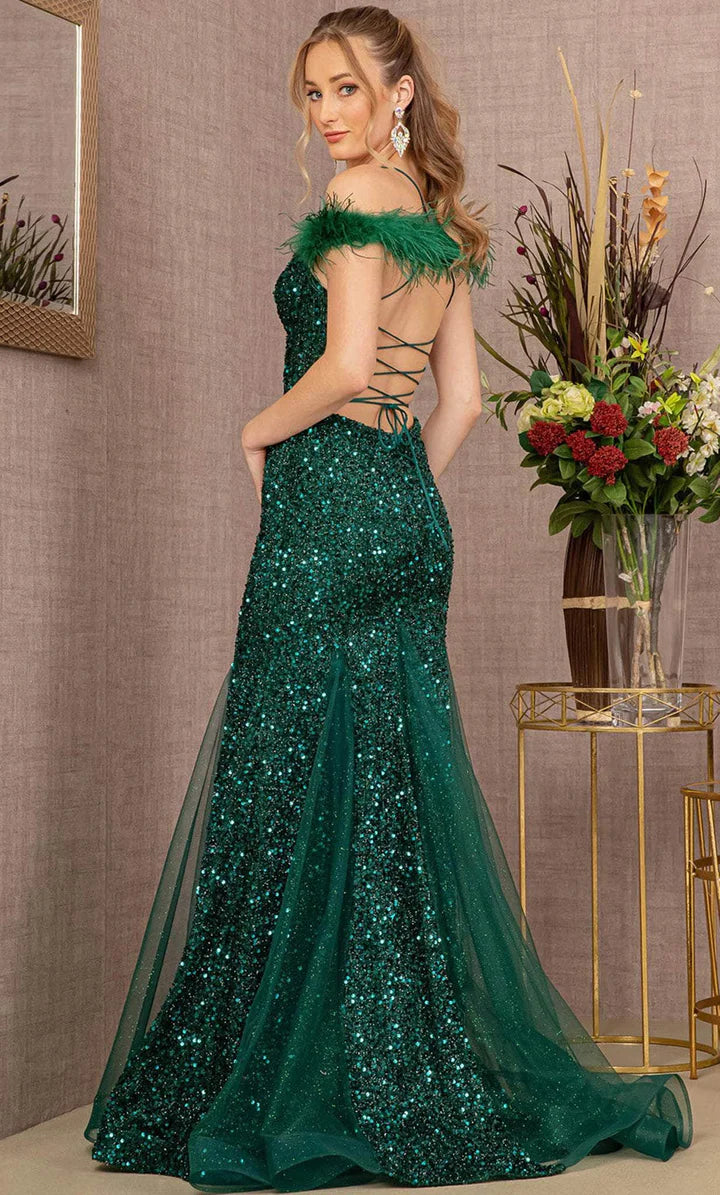 GLS BY GLORIA GL3130 Feathered Glitter Prom Dress