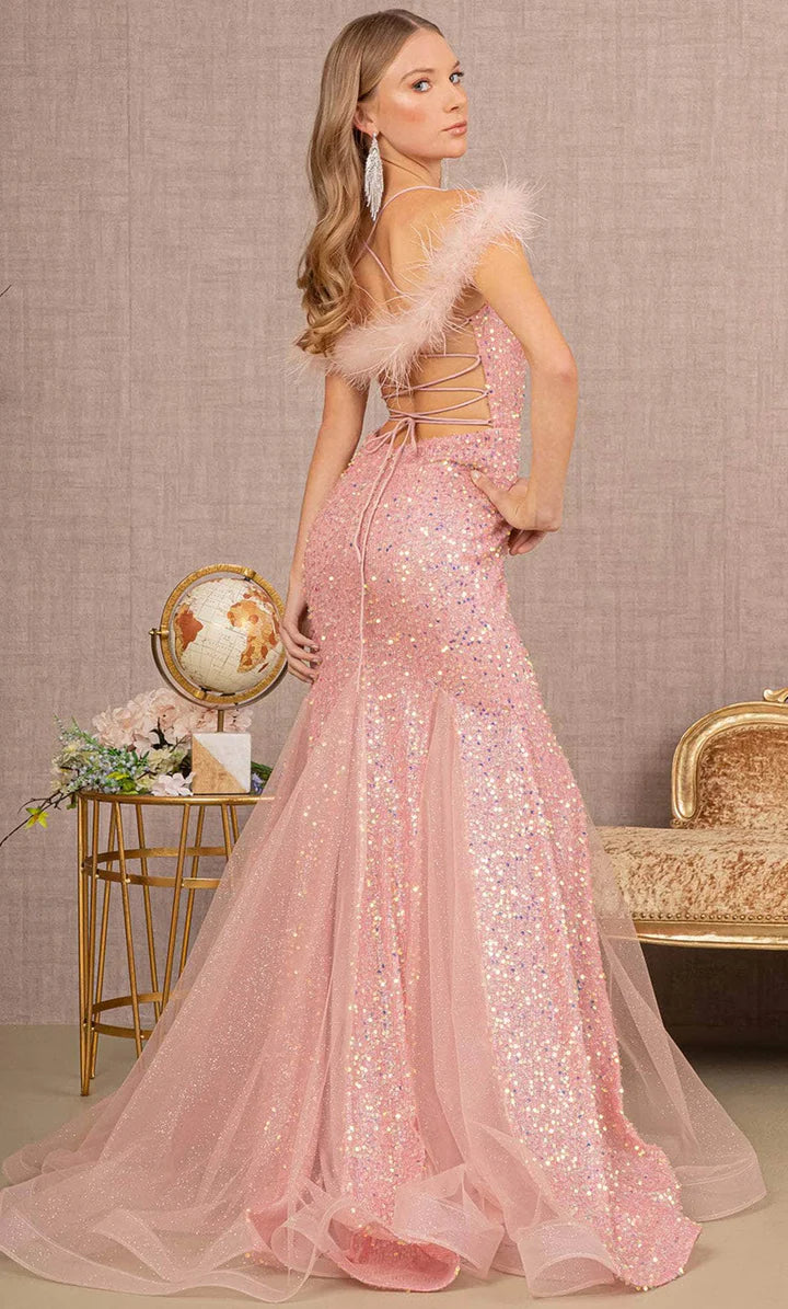 GLS BY GLORIA GL3130 Feathered Glitter Prom Dress