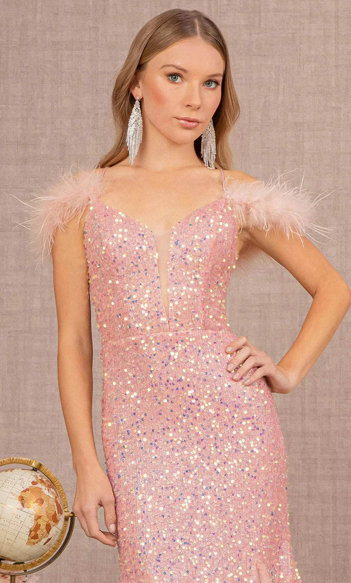 GLS BY GLORIA GL3130 Feathered Glitter Prom Dress