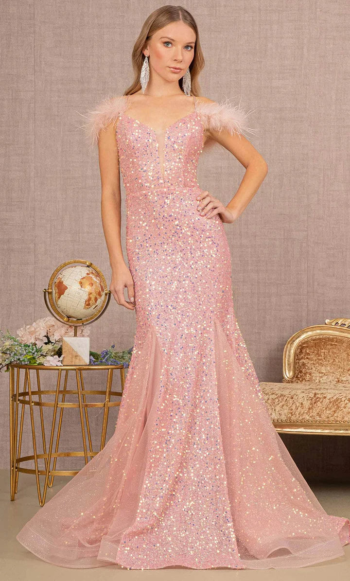 GLS BY GLORIA GL3130 Feathered Glitter Prom Dress