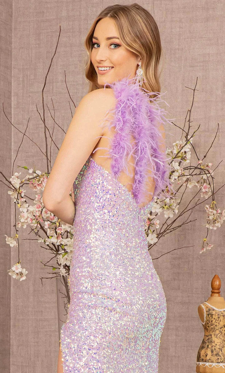 GLS BY GLORIA GL3165 Feathered Asymmetrical Prom Dress