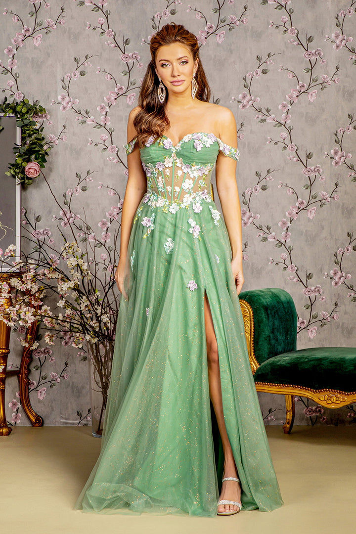 GLS BY GLORIA GL3227 Off-Shoulder Floral Embellished Prom Gown