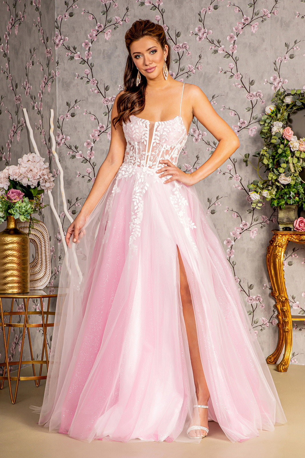 GLS BY GLORIA GL3249 Applique Embellished Lace-Up Prom Gown