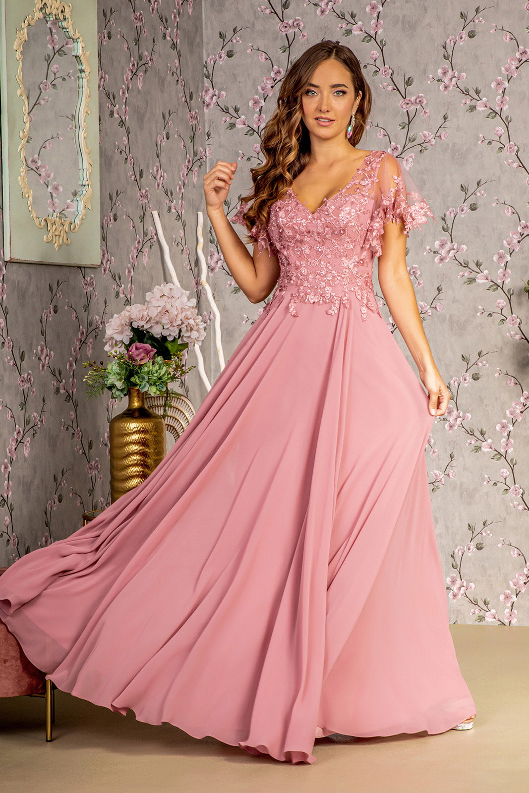 GLS BY GLORIA GL3352 V-Neck Floral Formal Dress
