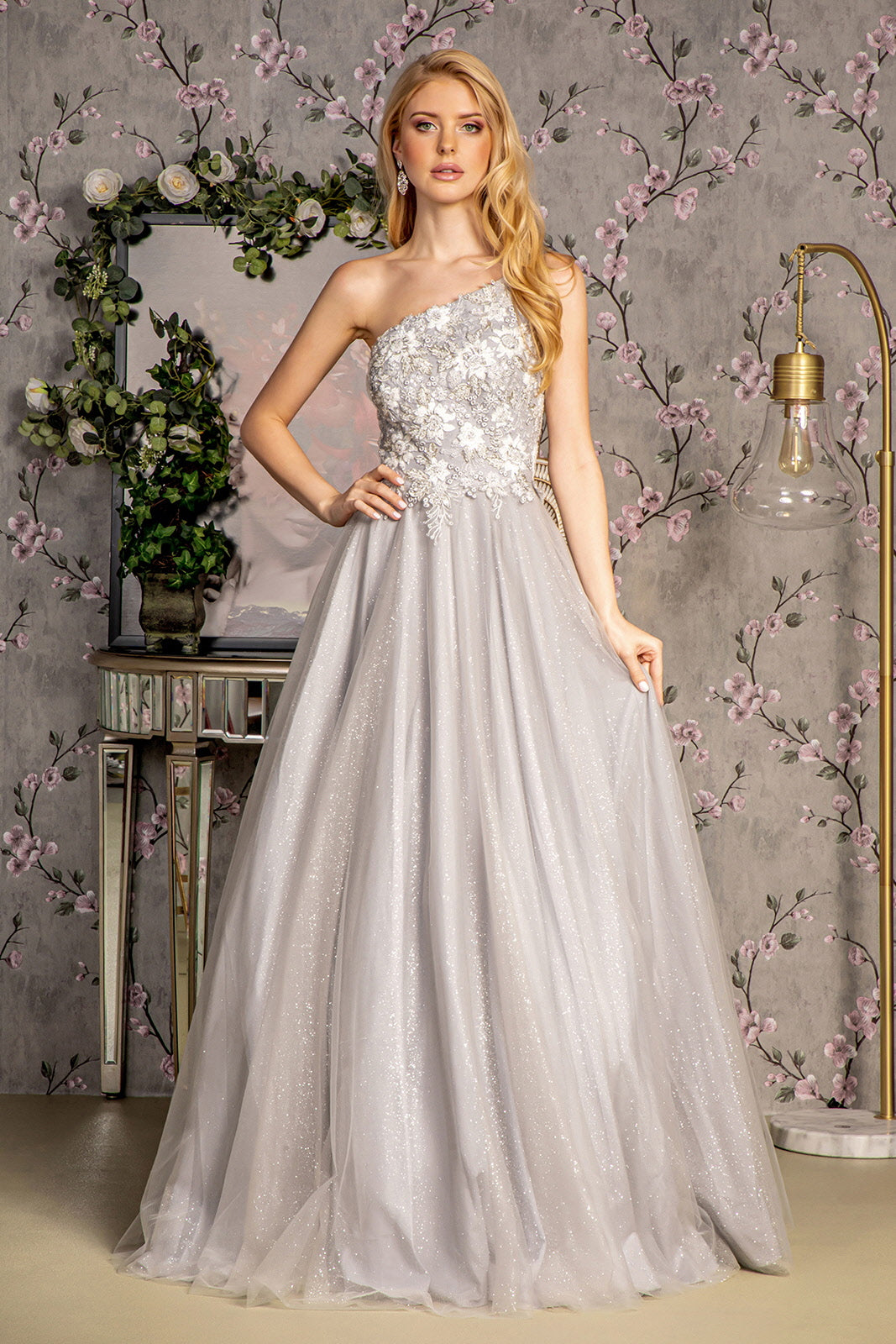 GLS BY GLORIA GL3384 Embroidered One-Sleeve Prom Gown