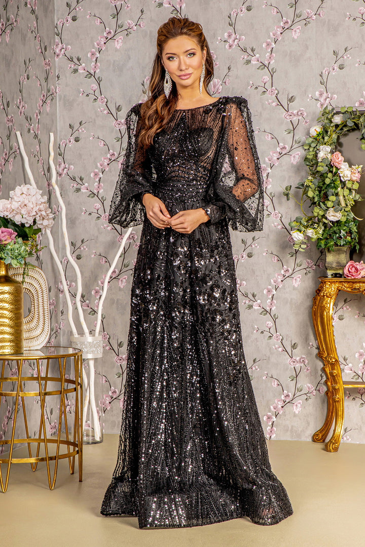 GLS BY GLORIA GL3497 Illusion Puff Sleeves Evening Dress