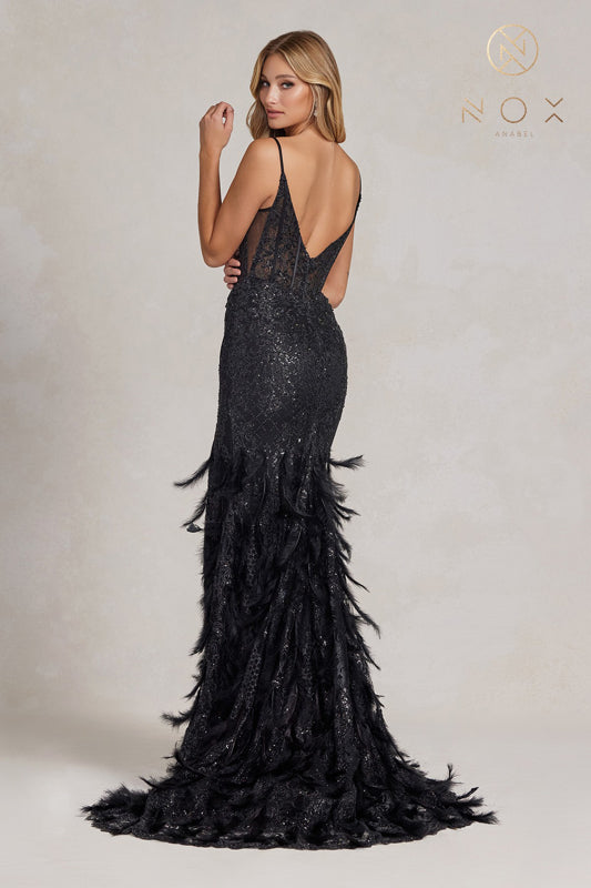 Nox Anabel C1119 - Feather Fringed Evening Dress