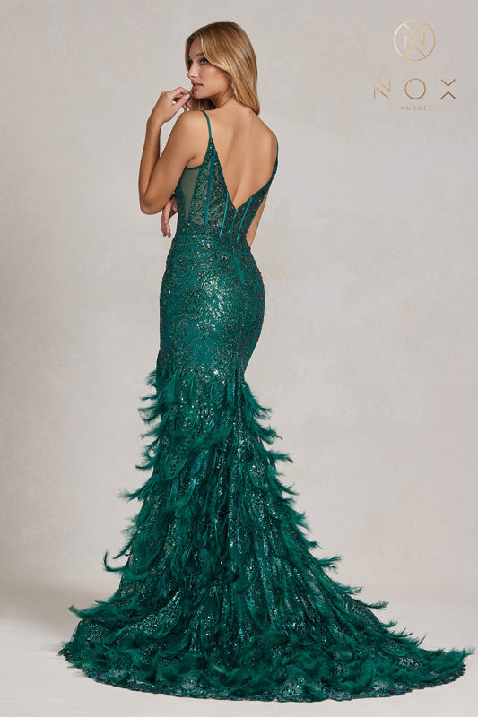 Nox Anabel C1119 - Feather Fringed Evening Dress