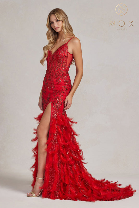 Nox Anabel C1119 - Feather Fringed Evening Dress