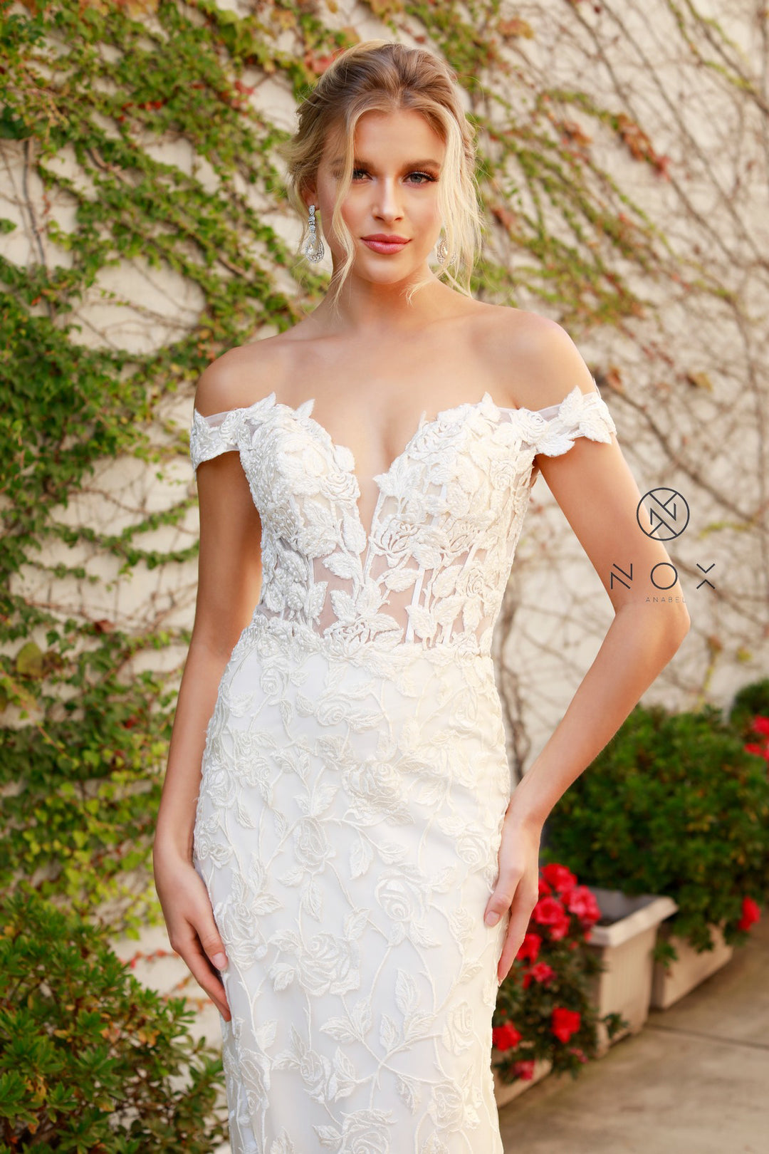 NOX ANABEL C439W Lace Off Shoulder Mermaid Wedding Dress