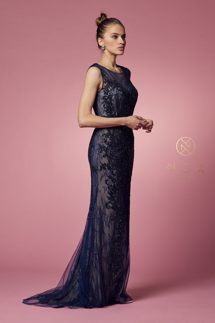 NOX ANABEL E1006 Beaded Illusion Fitted Formal Dress