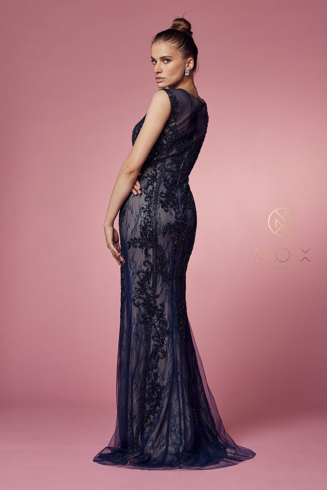 NOX ANABEL E1006 Beaded Illusion Fitted Formal Dress