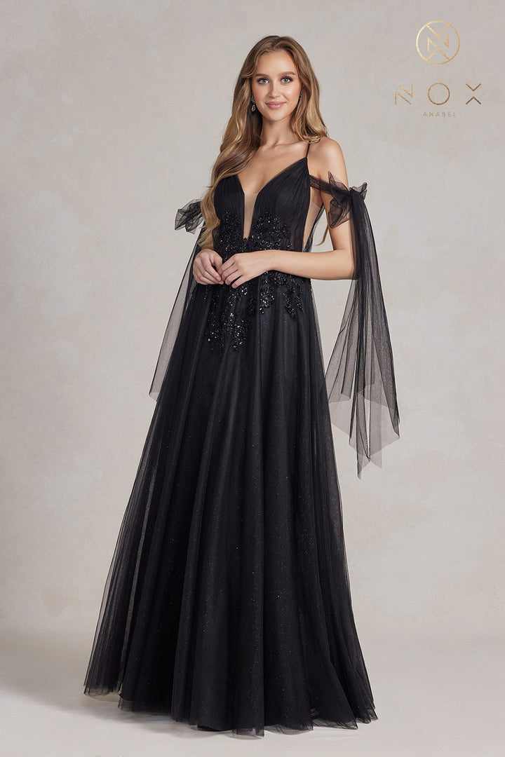 NOX ANABEL E1075 Embellished Glitter Off-Shoulder Tulle Gown