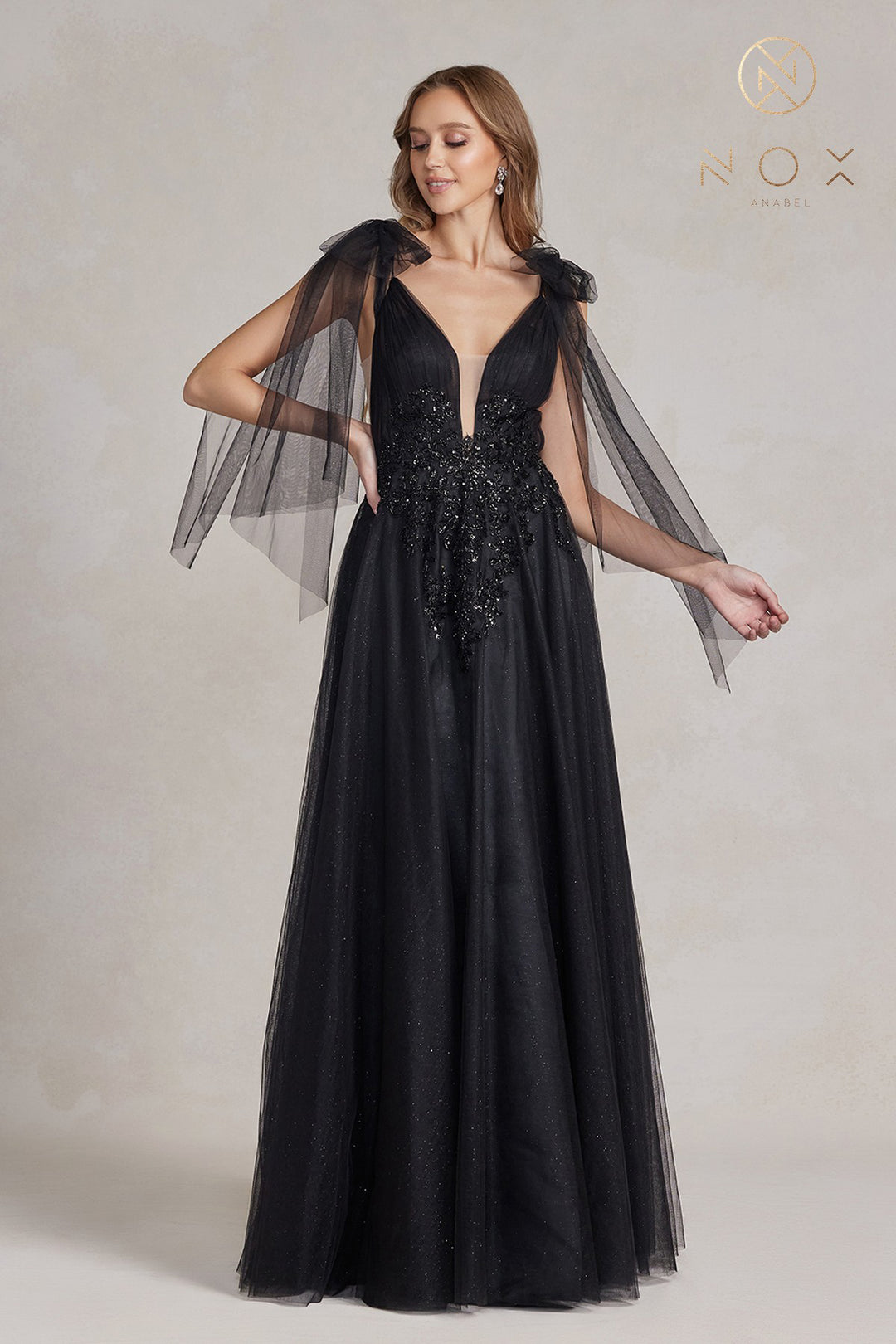 NOX ANABEL E1075 Embellished Glitter Off-Shoulder Tulle Gown